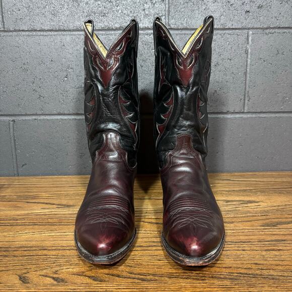Vintage Dan Post Western Cowboy Boots 10.5 D Black Burgundy Leather Made in USA - Picture 3 of 8